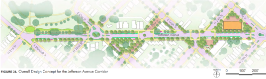 "Typical improvements throughout the corridor include buffered bicycle lanes on both sides of the avenue, porous paving in on-street parking spaces, shelters at bus stops, rain gardens, and street trees. "