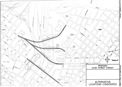 Options considered for location of MLK Bridge (via Proposed Leigh Street Viaduct - City of Richmond May 1972)